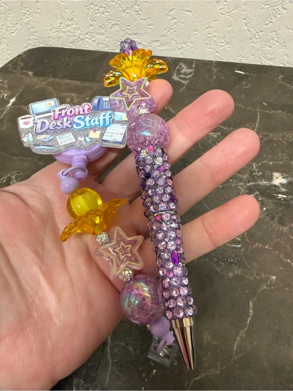 Purple Front Desk Staff Rhinestone Beaded Pen and Matching Badge Reel Handmade